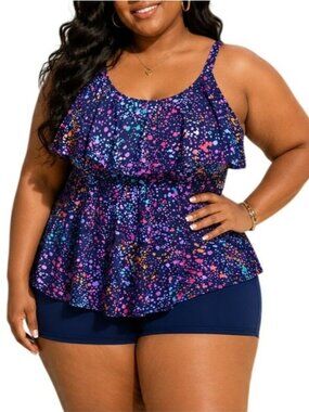 Yonique Plus Size 20W Swim Set 2-Piece Ruffle Tankini Top Polka Dot High Waist